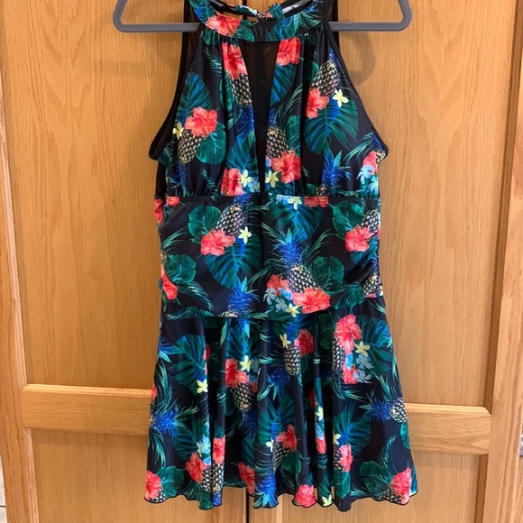 Floral One Piece Mesh Shirred Waistline Pleated Hem Swimsuit Skirt size XXL - Picture 4 of 15